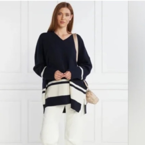 MAXMARA Nuraghe Striped V-Neck Knit Wool Sweater Navy Ivory Size M NEW - Picture 12 of 12